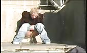 Rich blonde peeing on door steps