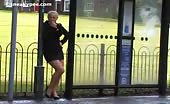 Blonde teen peeing in bus station