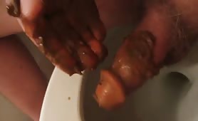 Tiny brown poop on his medium cock