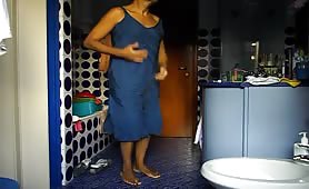 Shitting in blue dress and white panties