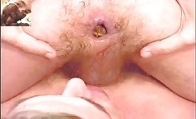 Hairy guy shitting on his blonde wife