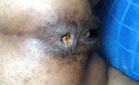Black hairy pussy letting out fat monster turd