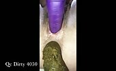 Hairy slut pooping while dildo fucking her dildo 
