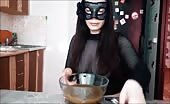 Busty scat with mask poops and smears poop all over her body