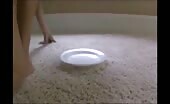 Hot babe shit a long turd in a white plate