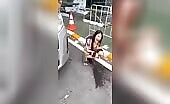 Nasty Asian chick pissing in the public 