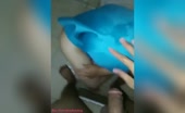 Blue headscarf girl squats and pisses while sucking cock