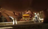 Girl drinks beer in bathroom mirror