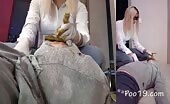 Kinky blonde shitting on the masked slave 